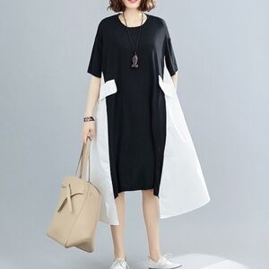 Black and White Split Joint Women's Dress, XL